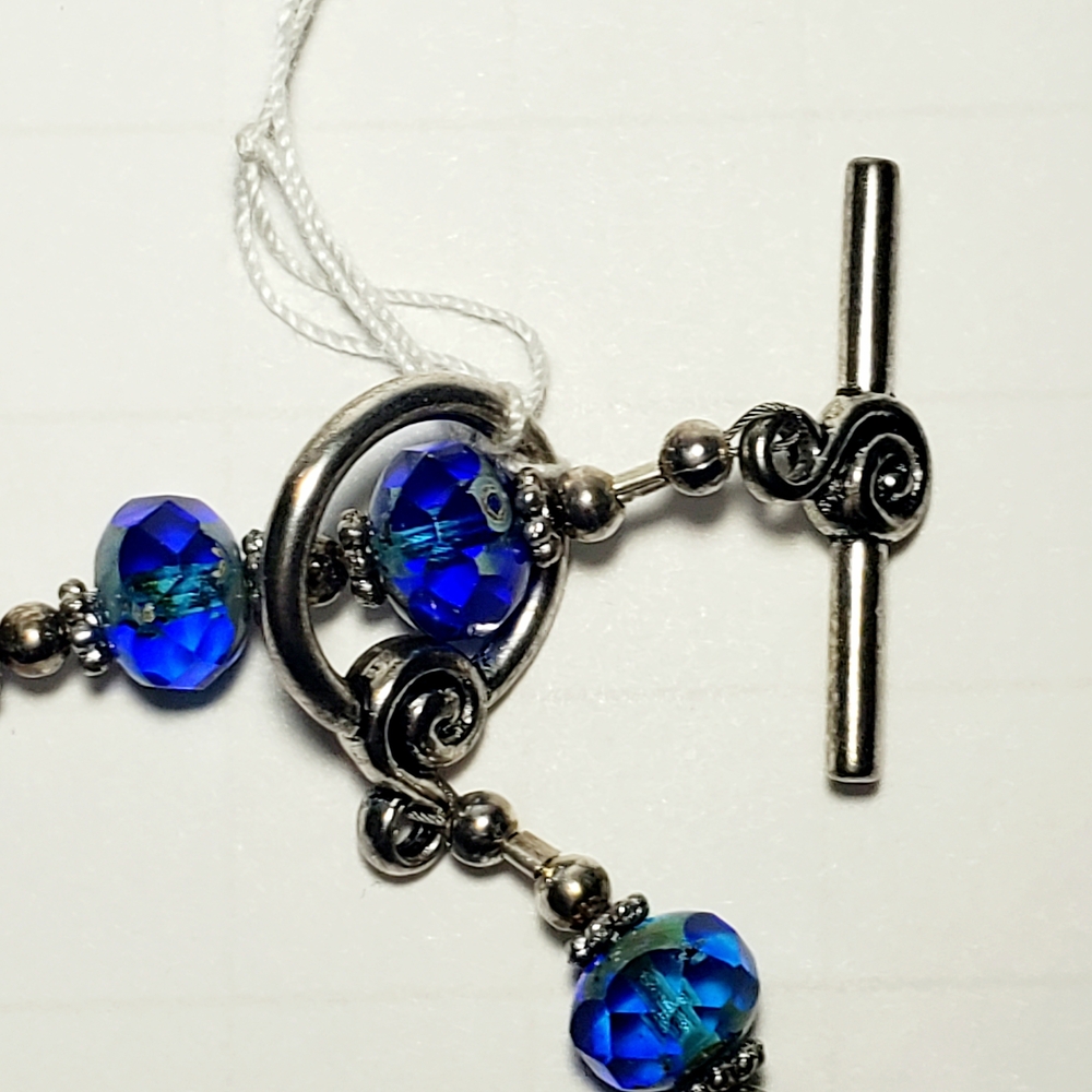 Flower Agate Pendant Necklace with Blue Czech Glass & Blue Banded Agate Beads - Picture 3 of 13